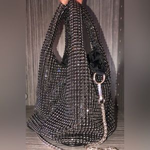 Black Crystal Pouch Bag with Silver Chain